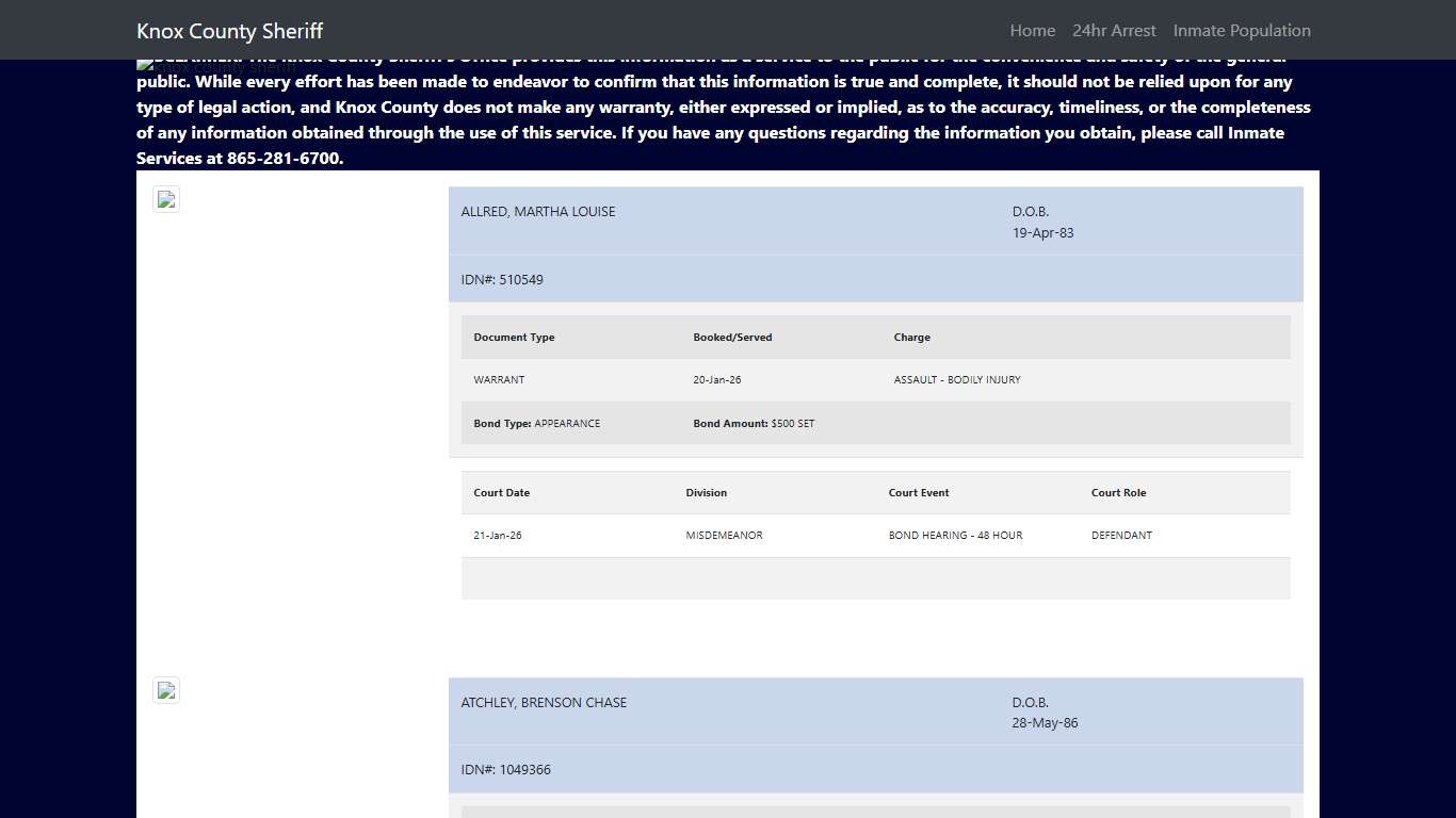 Knox County Tennessee - Sheriff - 24 Hour Arrests